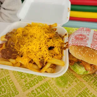 Chicken Sandwich and Chili Cheese Fries