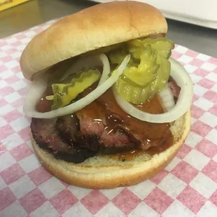 Sliced brisket sandwich