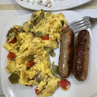 Two egg scramble with sausage links