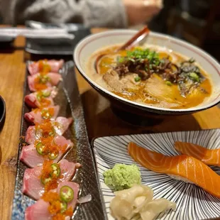 Crudo, Ramen and Salmon nigiri