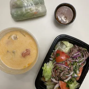 3. Rock and Rolls, 27. Spicy Beef Salad &amp; 22. Tom Kha with chicken to-go