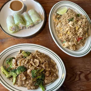 rock and rolls , pad see ew, and hot basil fried rice