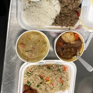 2 sides of Basil Chicken, one side of yellow curry with half fried rice and half stream rice for me