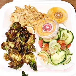 Pulled Chicken, Citrus-Herb Brussels Sprouts, and Cucumber Tomato Salad. The Mango Mojo &amp; Habanero Mojo sauces were !