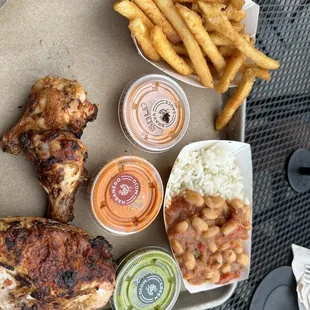 White meat chicken meal with fries and rice &amp; beans