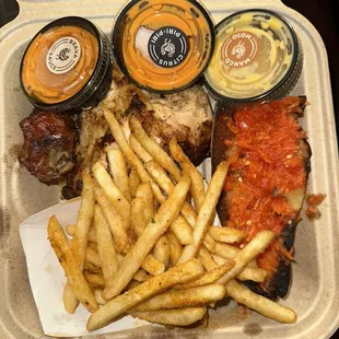 Leg and Thigh Platter with Seasoned Fries, Tomato Garlic Toast