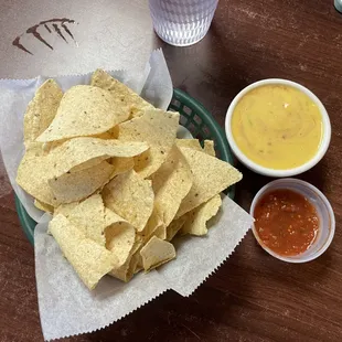 Chips, salsa and Queso. Make sure to ask for the bottled salsas.