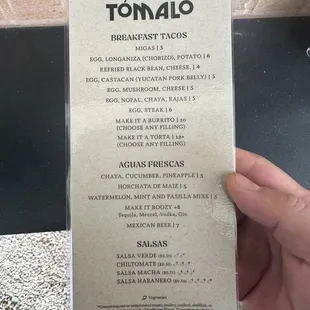 Breakfast Taco Menu