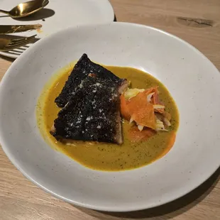 Miso curry cod, lemon persimmon salad