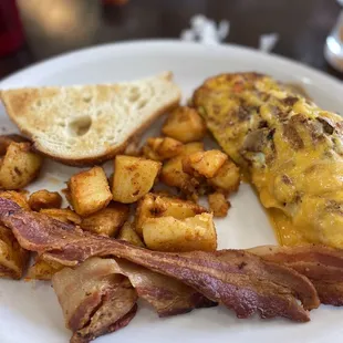 BBQ Pulled Pork Omelet with side of bacon