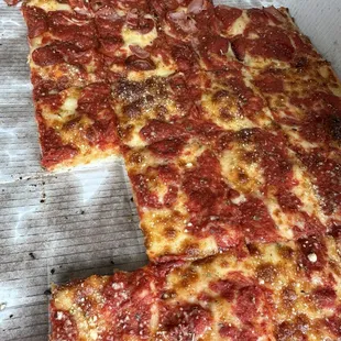 Party tray of pizza, half cheese/half pepperoni and ham. Food for the end of the school year block party!