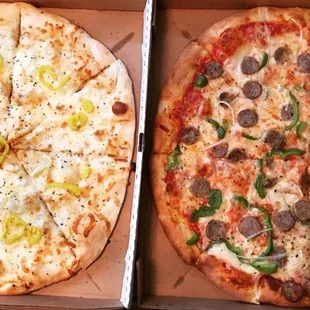 Three cheese Bianca on the left and Sausage green pepper and onion on the right
