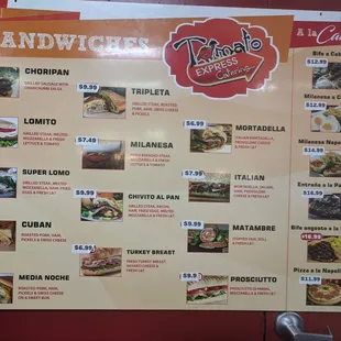 a menu for sandwiches