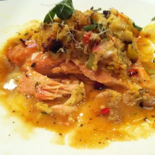 Crab stuffed salmon baked and drizzled in a honey-Demi glaze