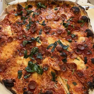 Large pizza with pepperoni, fresh mozzarella, and basil