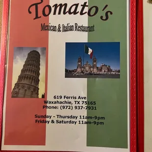 Menu cover w/ hours