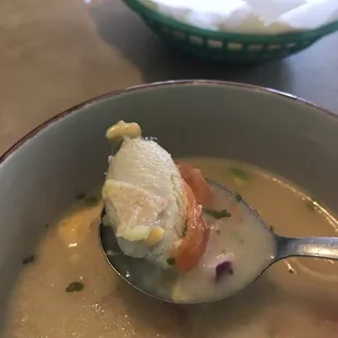 Chuck of chicken in chicken tortilla soup