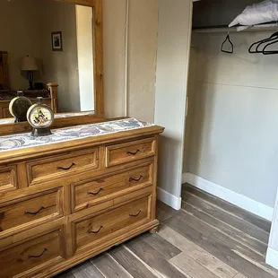 Bedroom, dresser, and closet