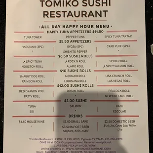 Happy Hour menu