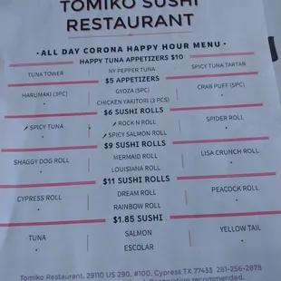 Covid Happy Hour Menu. Still in effect. Enjoy!