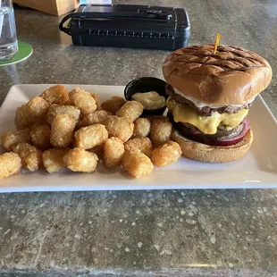 Double cheeseburger w/tots...delicious burger.