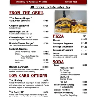 the menu for tommy j's bar