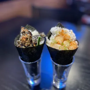 Salmon Skin Hand Roll and Spicy Scallop Hand Roll