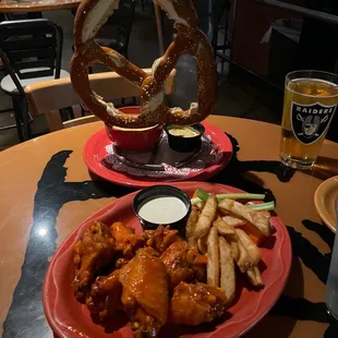 Chicken wings and big ass pretzel