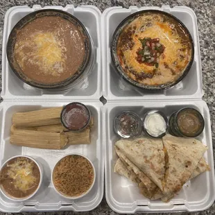 Extra side of Refried Beans, Tommy Bowl, Tamale Plate and Chicken Quesadilla