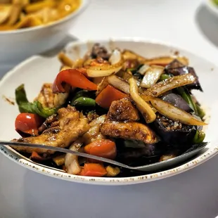 Basil eggplant with seafood. 5 stars.