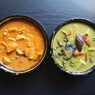 L - Mussaman Curry, R - Green curry. Vegetarian / vegan