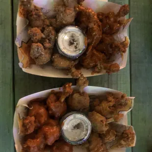 20 wings five of each flavor, OG, buffalo, garlic, and Parmesan, Ranch On Fire.