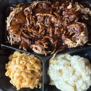 Pulled pork, mac n cheese and potato salad