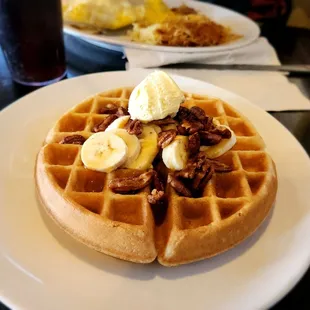 Banana, pecan, caramel Waffles.