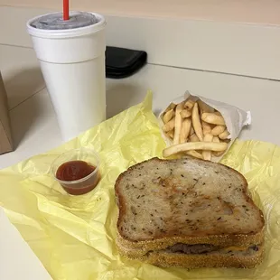 Patty Melt, fries, drink
