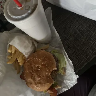 Double bacon avocado cheese burger combo.