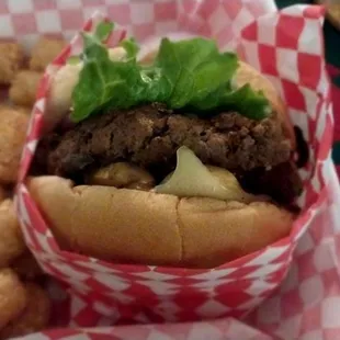 Mushroom cheeseburger with tater tots
