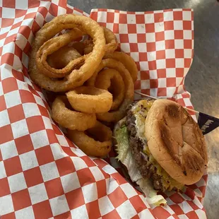 Yummy wimpy cheddar burger and rings