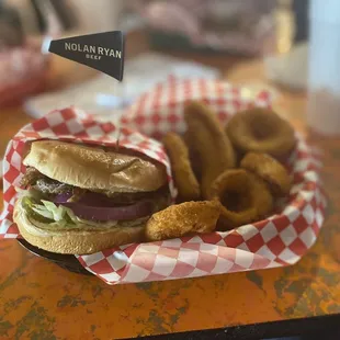 Bacon cheeseburger and onion rings