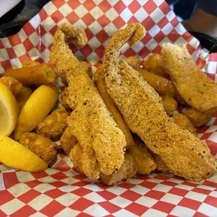 Catfish Basket with tots and hushpuppies