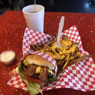 Bacon cheddar burger and cheesy fries