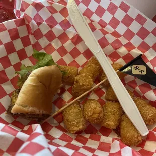 Meant to take a picture, but the burger was excellent the tots were great also.