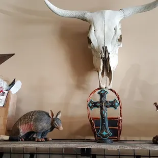 a cow skull and other items