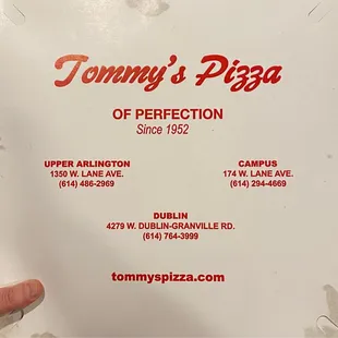 Tommy&apos;s Pizza box with locations