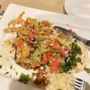 chile verde rib eye with tortilla strips &amp; green chile mashed potatoes! 8/10!