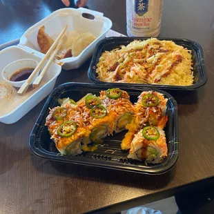 Sunshine roll add jalapeño, Kani salad and fried gyozo. Awesome as always!
