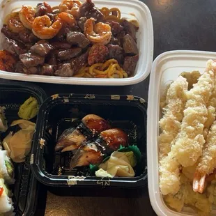Viking roll, eel sushi, shrimp tempura, yaki soba combo