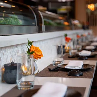 a long table with place settings