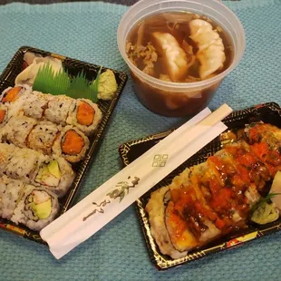 Left - spicy tuna and california roll. Right - US 31 roll with spicy tuna.  Dumpling soup