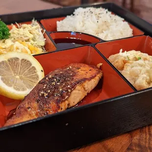 salmon, rice, and vegetables